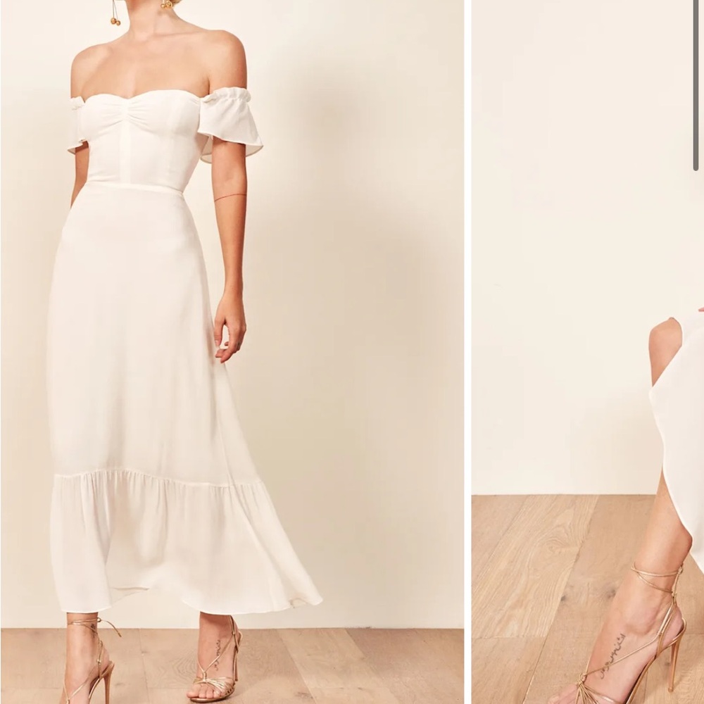 Reformation Off-Shoulder White High Low Dress